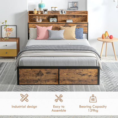 HOMCOM Industrial Double Bed Frame with Storage Headboard & Under-Bed Space – Robust Steel Base, 4.8 ft Double Bed, Rustic Brown