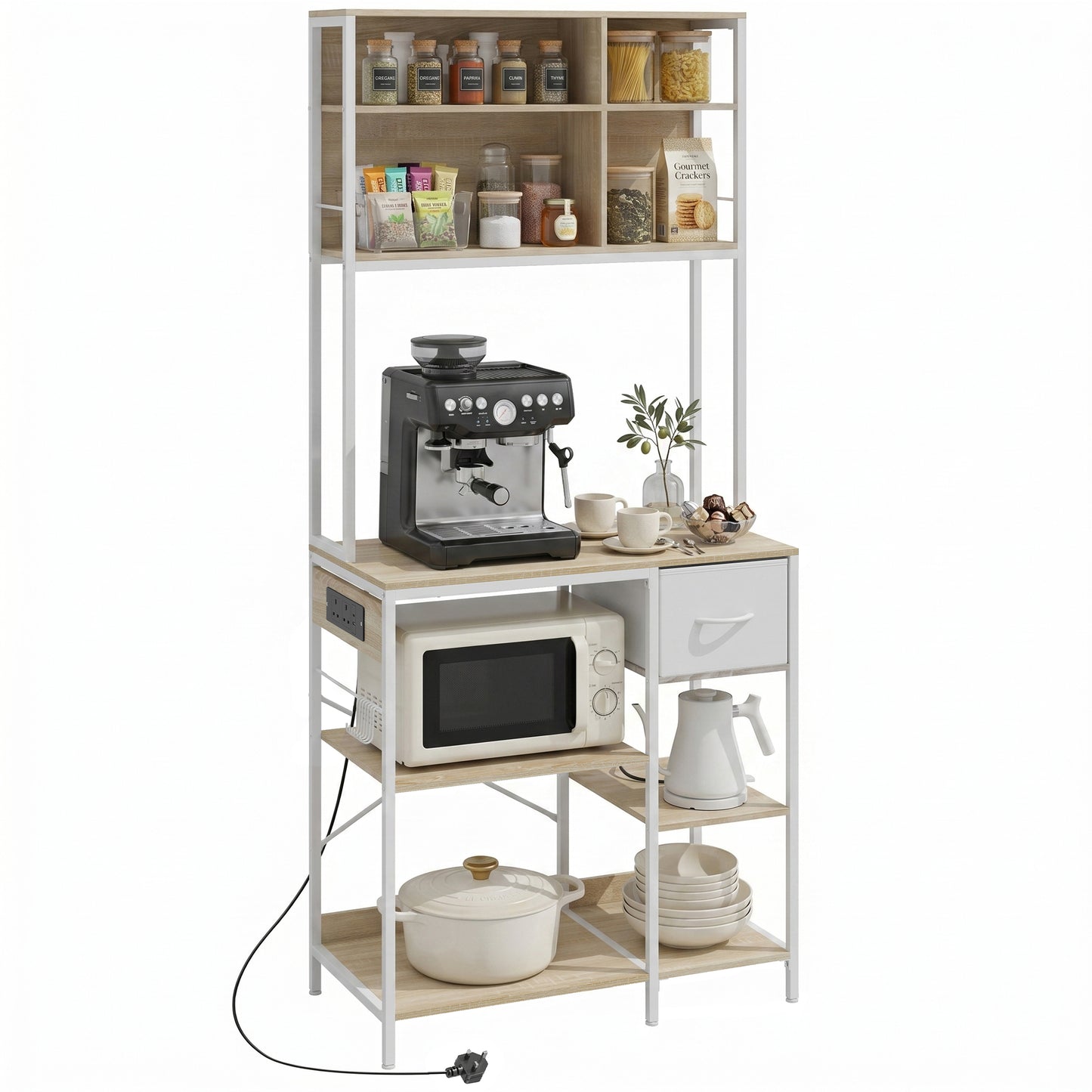 HOMCOM Kitchen Baker's Rack, Microwave Stand with Storage Shelves and 6 Hooks for Small Spaces