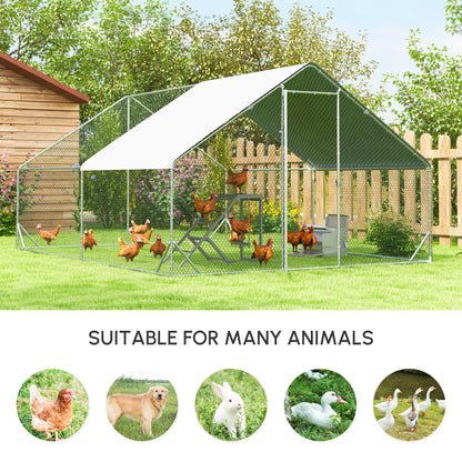 PawHut Chicken Walk-in Run, Galvanised Chicken Coop, Hen Poultry House Cage, Rabbit Hutch Pet Playpen Garden w/ Water-Resist Cover, 3 x 4 x 2m
