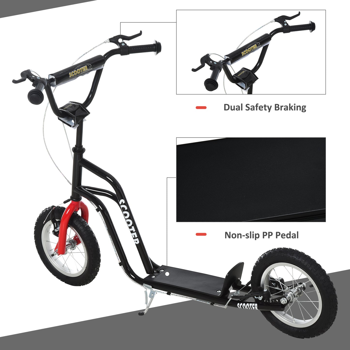 HOMCOM Teen Kick Scooter with Adjustable Handlebar, Inflatable Wheels, Two Brakes, Black