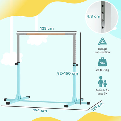 HOMCOM Height Adjustable Gymnastics Horizontal Bar for Kids, Children Junior Kip High Bar Fitness, Light Blue