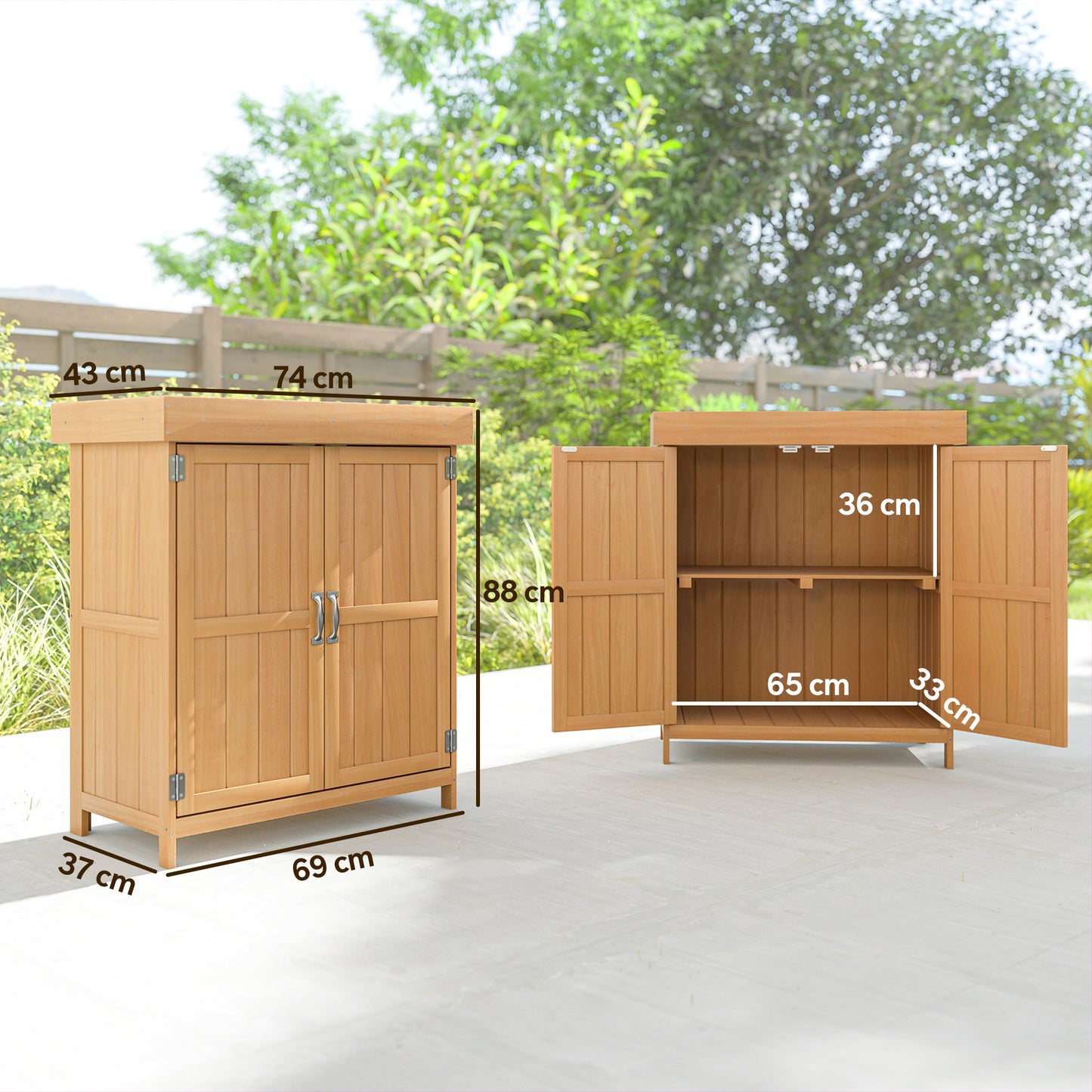 Outsunny Small Shed, Wooden Garden Shed with Openable Hinged Roof and Removable Shelf, Outdoor Tool Storage Cabinet Chest with Double Doors, 74 x 43 x 88 cm, Natural Wood Finish