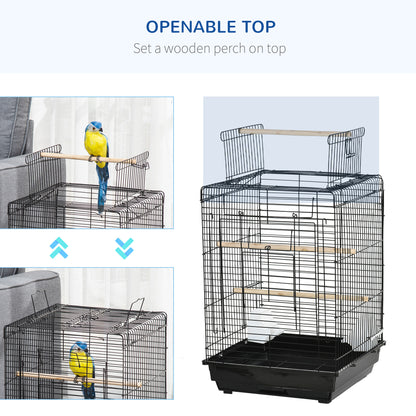 PawHut Steel Bird Cage with Openable Top, Stand, Tray, Handles, Feeding Bowls for Parakeet, Finch - Black