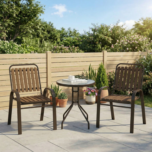 Outsunny 3 Pieces Patio Bistro Set with Stackable Chairs, Tempered Glass Table, for Outdoor, Balcony, Patio, Garden, Dark Brown