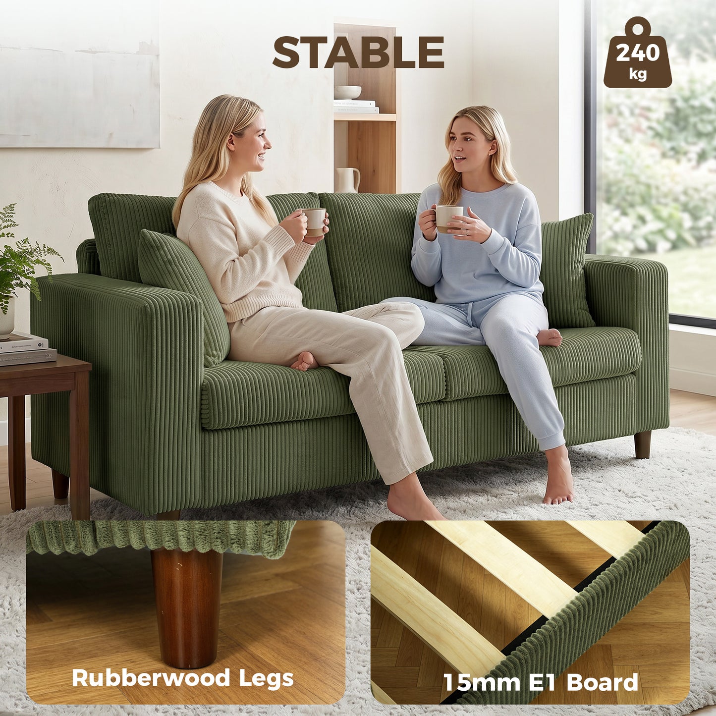 HOMCOM Loveseat Sofa with Wide Seat, Corduroy 2 Seater Couch with Deep Seat, Spring Cushion, Green