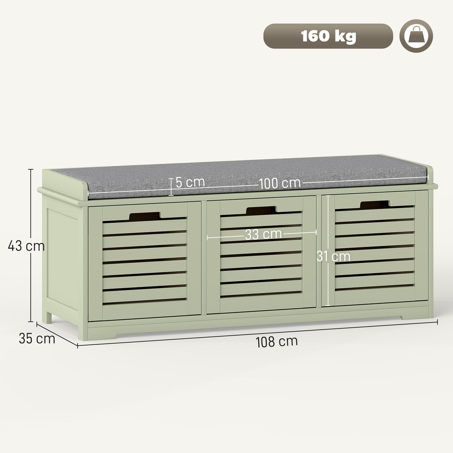 HOMCOM 3-Drawer Shoe Storage Bench with 160kg Capacity & 3 fully pull-out drawers - Green