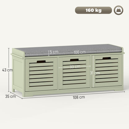 HOMCOM 3-Drawer Shoe Storage Bench with 160kg Capacity & 3 fully pull-out drawers - Green