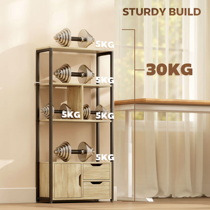 HOMCOM 4-Tier Bookcase, Bookshelf with 1 Cabinet and 2 Drawers for Living Room, Bedroom, Study, Natural Wood