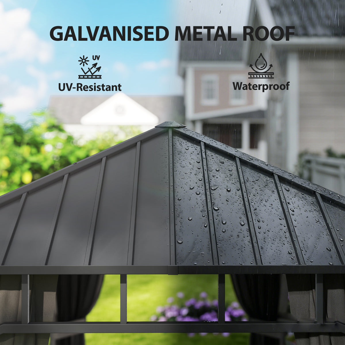 Outsunny 2 x 3.5 m Hardtop Gazebo with Galvanised Steel Roof, Waterproof Permanent Pavilion Garden Gazebo with Netting and Curtains for Patio, Deck, Dark Grey-Gazebos-ChewyGames-ChewyGames