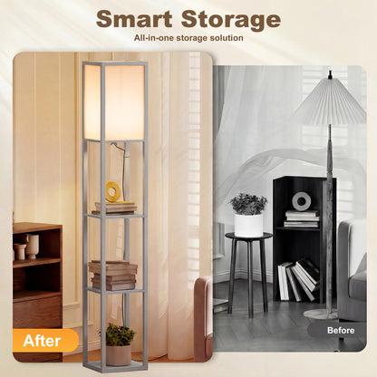 HOMCOM 3-Tier Floor Lamp with Shelves and Storage, Modern Corner Standing Lamp with Lampshade, Reading Light with Foot Switch for Living Room, Bedroom, Home Office, Bulb not Included, Grey
