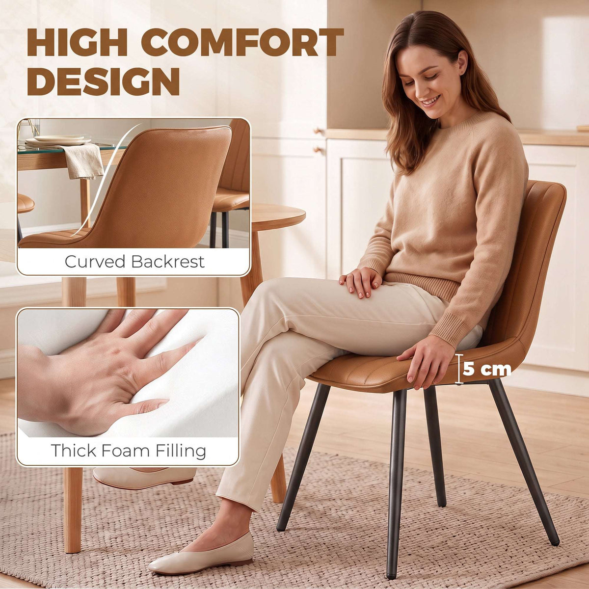 HOMCOM Faux Leather Upholstered Kitchen Chairs, Modern Dining Chairs Set of 2 with Metal Legs for Dining Room, Brown
