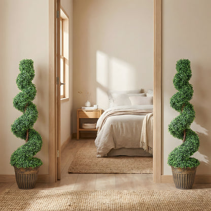 HOMCOM Set of 2 Artificial Plants, Topiary Spiral Boxwood Trees with Pot, for Home Indoor Outdoor Decor, 120cm