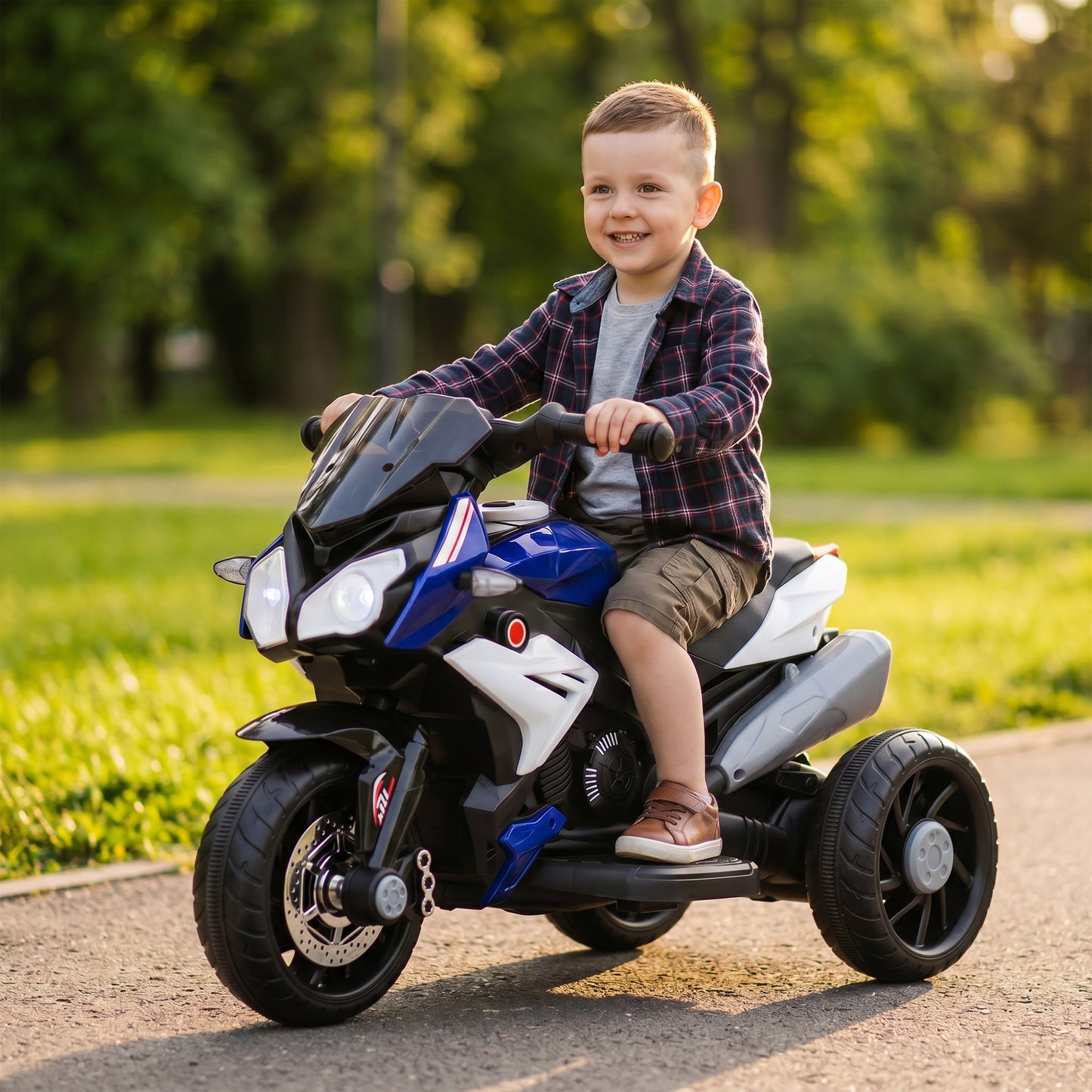 HOMCOM Kids Electric Motorcycle, 6V Ride on Motorcycle with 3 Wheels, LED Headlight, Music, Horn for Boys Girls 3-5 Y, Blue