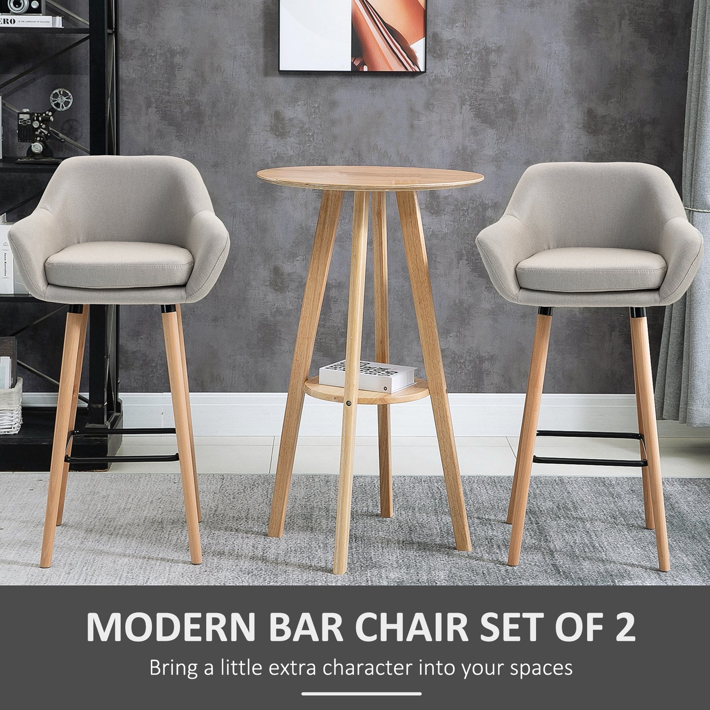 HOMCOM Set of 2 Bar Stools Modern Upholstered Seat Bar Chairs with Metal Frame, Solid Wood Legs Living Room Dining Room Fabric Furniture - Beige