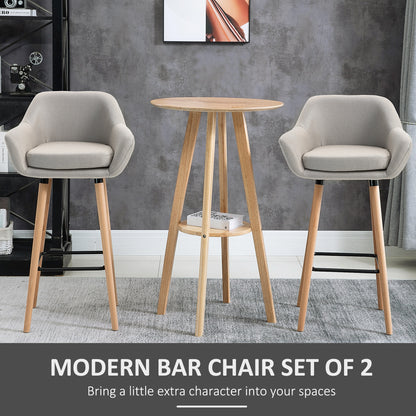 HOMCOM Set of 2 Bar Stools Modern Upholstered Seat Bar Chairs with Metal Frame, Solid Wood Legs Living Room Dining Room Fabric Furniture - Beige