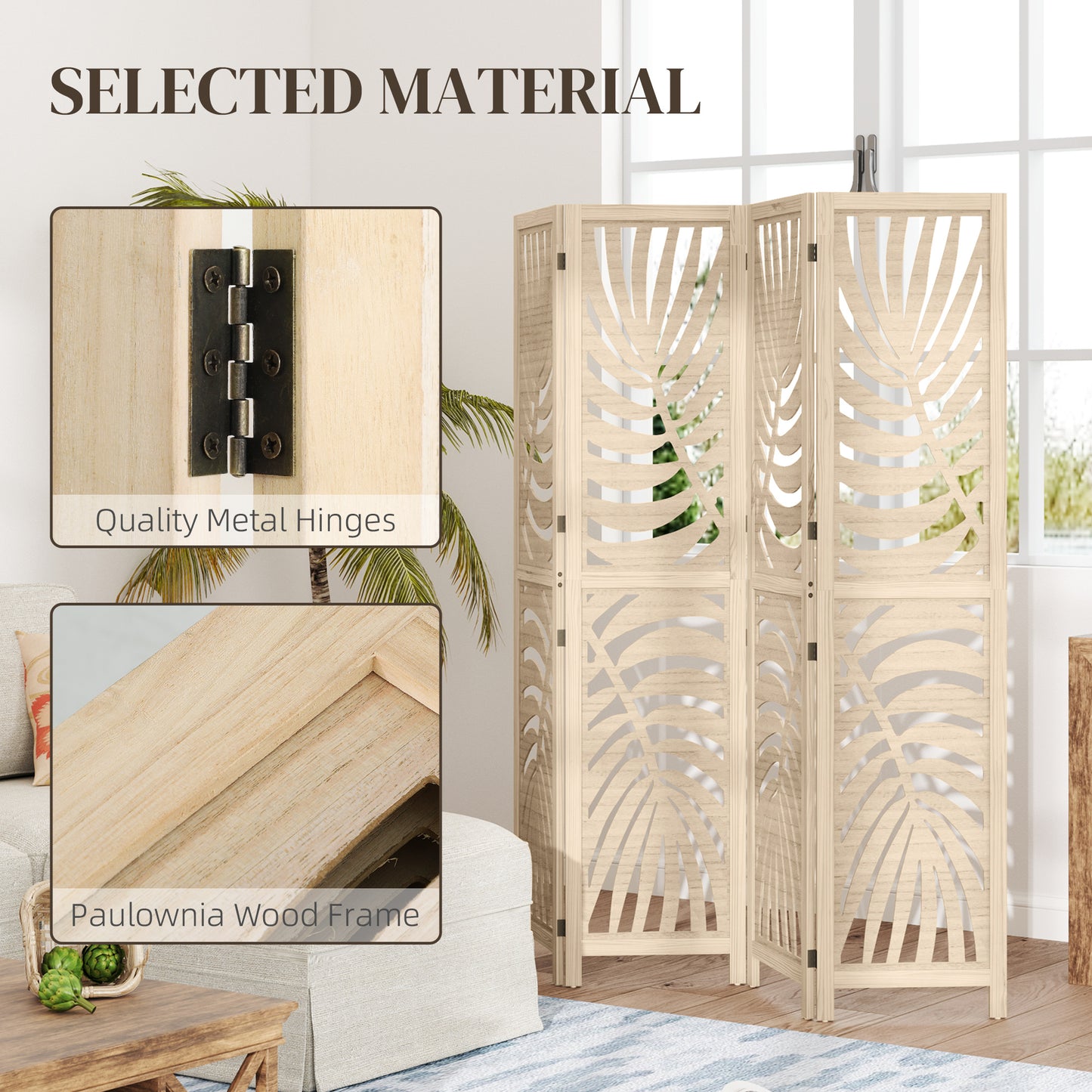 HOMCOM 4 Panel Privacy Screens, Detachable Folding Room Divider with Palm Leaf Design for Home Office, Natural Wood Finish