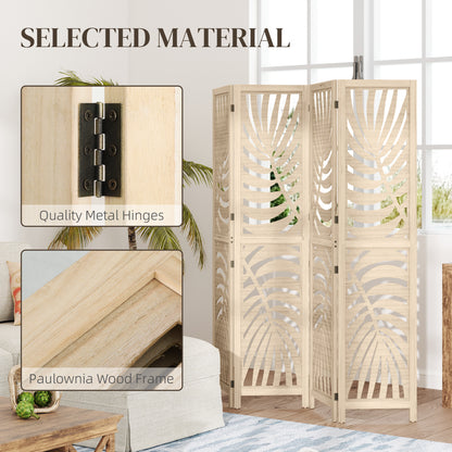 HOMCOM 4 Panel Privacy Screens, Detachable Folding Room Divider with Palm Leaf Design for Home Office, Natural Wood Finish
