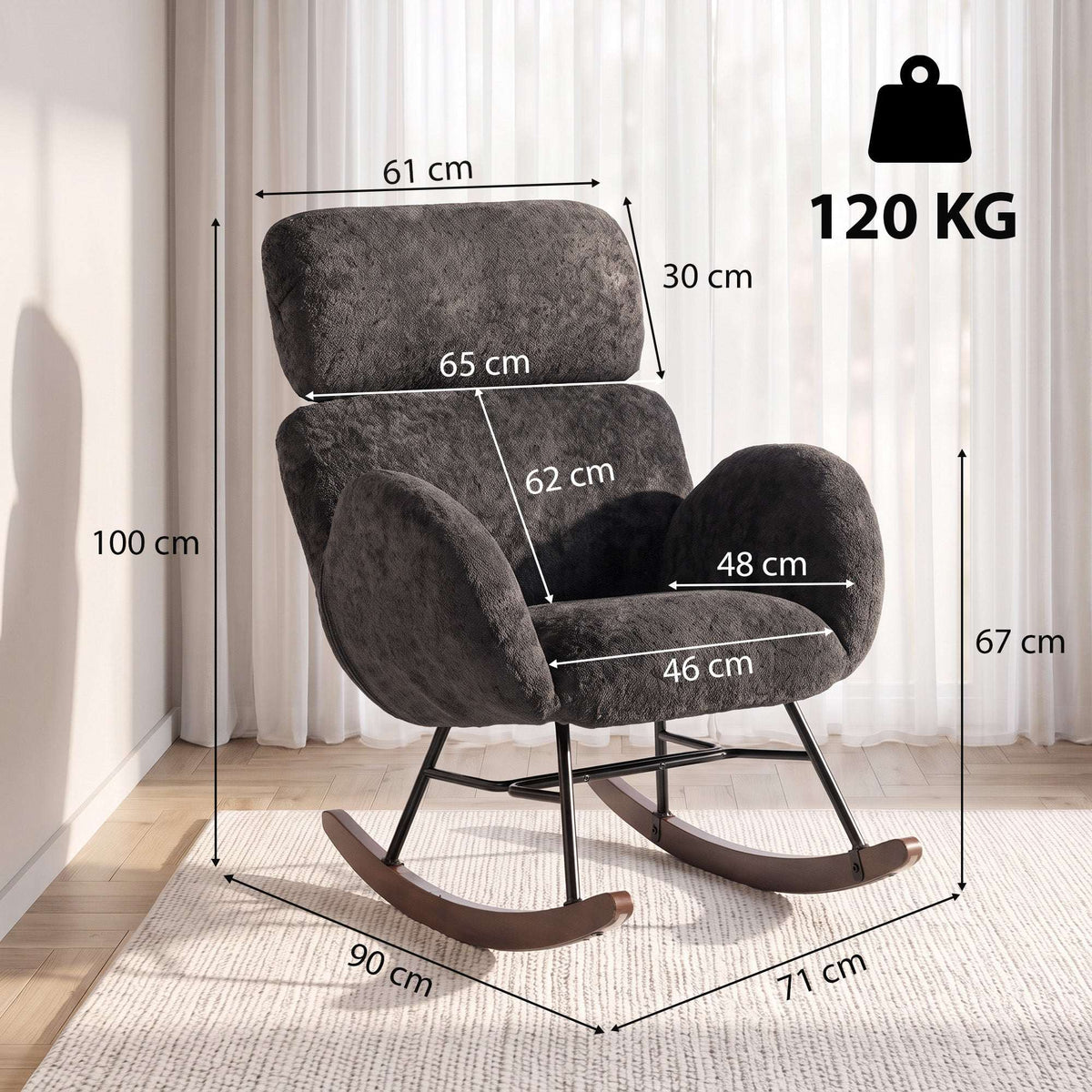 HOMCOM Upholstered Rocking Chair Adjustable Headrest Rocker Chair Raindrop Velvet Rubberwood Base Dark Grey