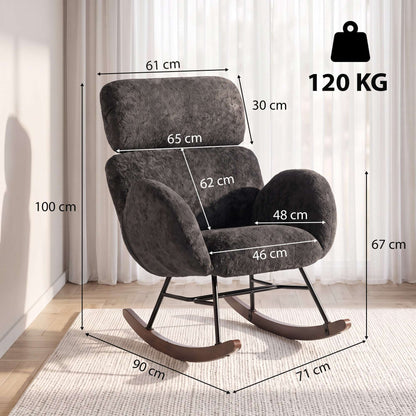 HOMCOM Upholstered Rocking Chair Adjustable Headrest Rocker Chair Raindrop Velvet Rubberwood Base Dark Grey
