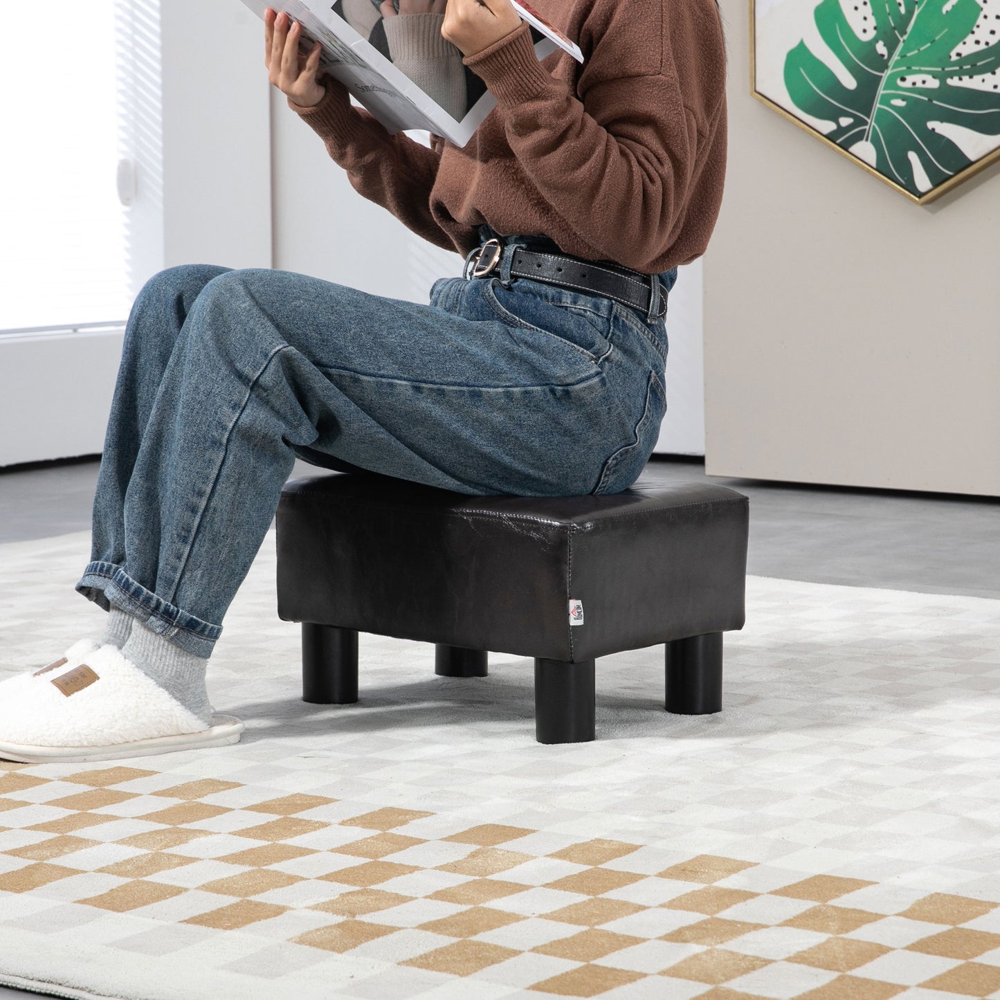 HOMCOM PU Leather Footstool Ottoman Cube with 4 Plastic Legs, Brown--ChewyGames-ChewyGames