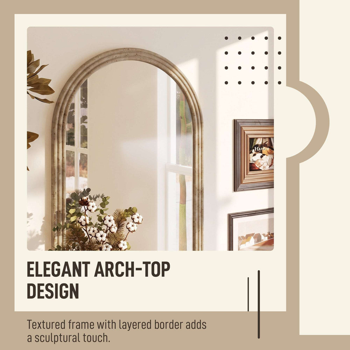 HOMCOM Modern Wall-Mounted Mirror, Arched Wall Mirror with Grooved Edge for Living Room, Entryway, Hallway, Brown
