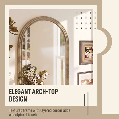 HOMCOM Modern Wall-Mounted Mirror, Arched Wall Mirror with Grooved Edge for Living Room, Entryway, Hallway, Brown