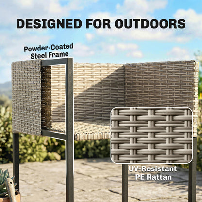Outsunny 7 Piece Rattan Garden Furniture Set, Garden Dining Set with Wood-Plastic Table and 6 Stackable Chairs, Light Grey