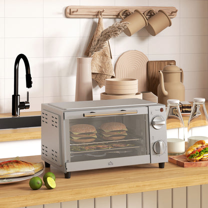 HOMCOM Mini Oven, 9L Countertop Electric Grill, Toaster Oven with Adjustable Temperature, Timer, Dishwasher Safe Baking Tray and Wire Rack, 750W, Silver