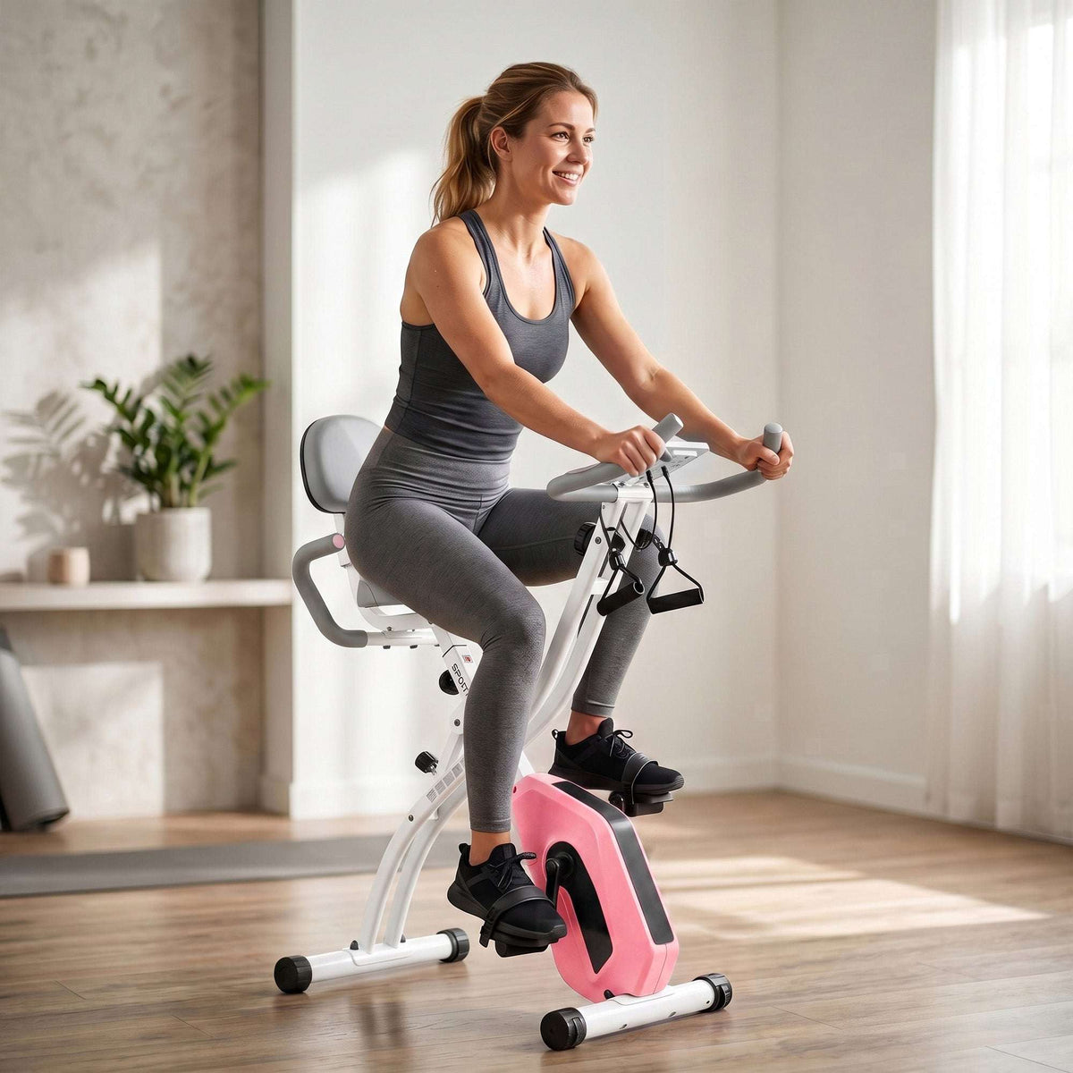 SPORTNOW 4-In-1 Folding Exercise Bike with Resistance Bands, Bluetooth App, 8-Level Magnetic Resistance, LCD Display, Pink