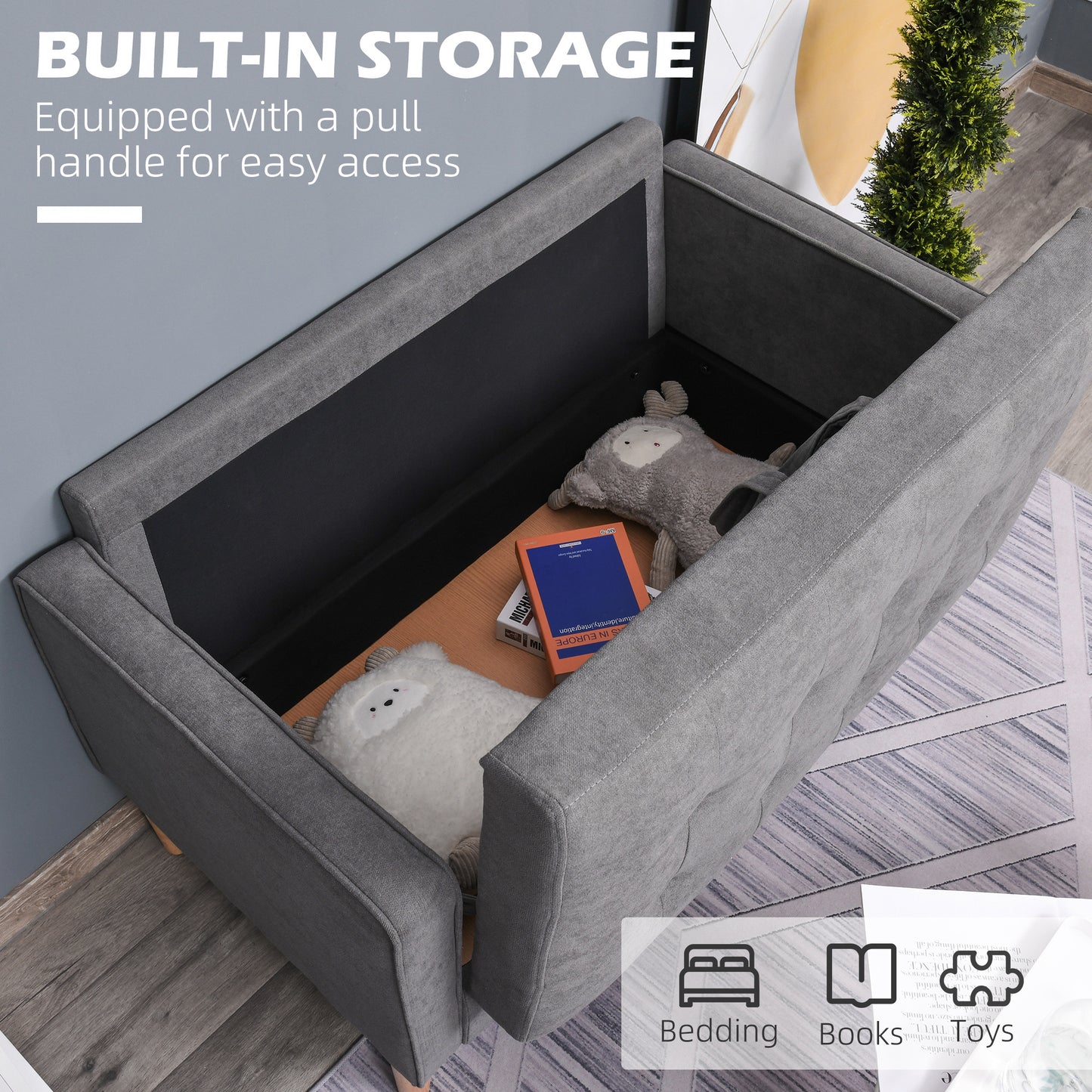 HOMCOM 2 Seater Storage Sofa, Fabric Couch with Hidden Under Seat Storage, Thick Cushions, Compact Space Saving Settee with Rubberwood Legs for Living Room, Apartment, Grey