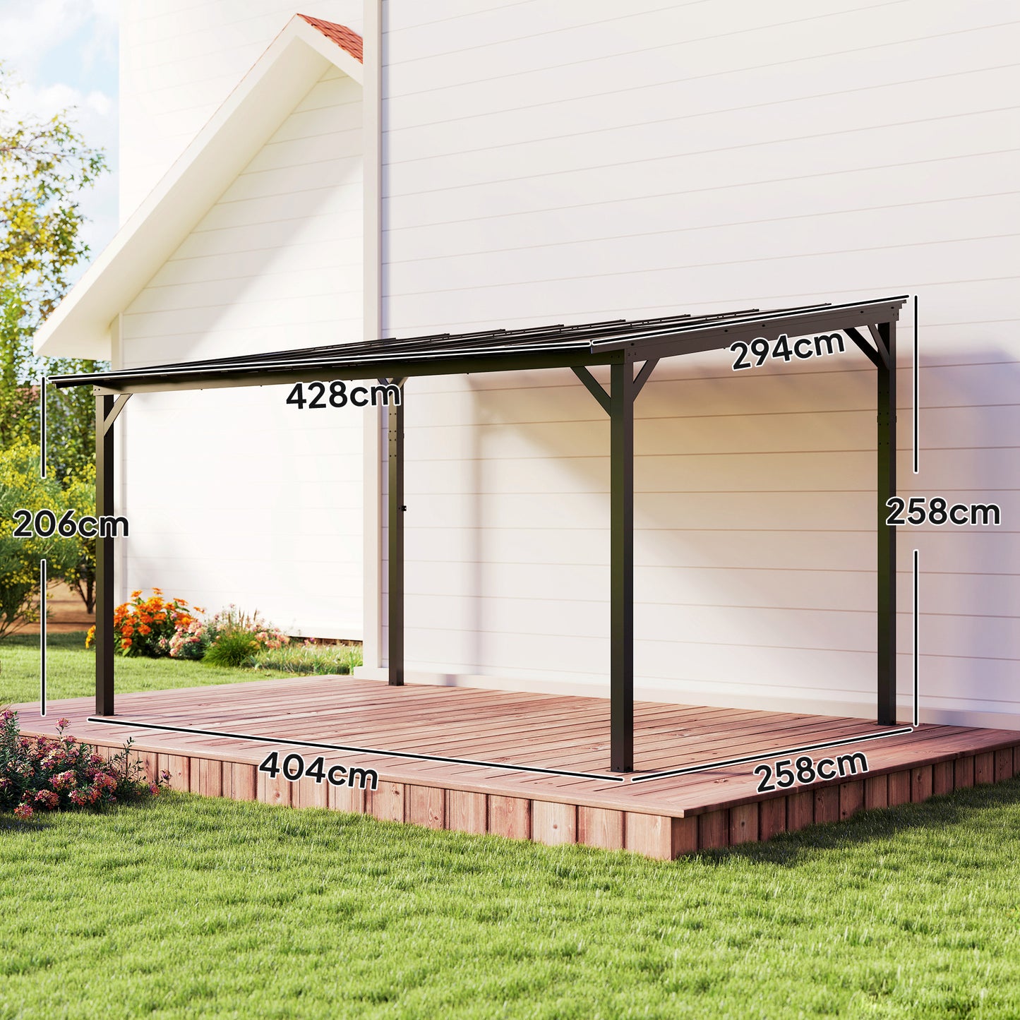 Outsunny 3 x 4.3 m Lean to Pergola with UPF 50+ Waterproof Polycarbonate Roof, Wall-Mounted or Free Standing Hardtop Roof Garden Metal Pergola Gazebo, Heavy Duty Outdoor Sun Shade, Dark Grey--ChewyGames-ChewyGames