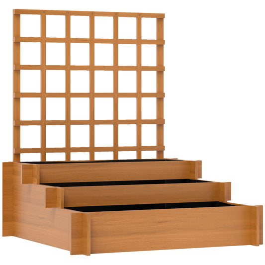 Outsunny 3 Tier Garden Planters with Trellis for Vine Climbing, Wooden Raised Beds, 95x95x110cm, Brown