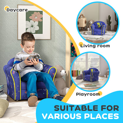 AIYAPLAY Kids Armchair with Planet Dinosaurs Design, Wooden Frame, for Bedroom, Playroom, Kids Room - Blue-Play Sofas-ChewyGames-ChewyGames