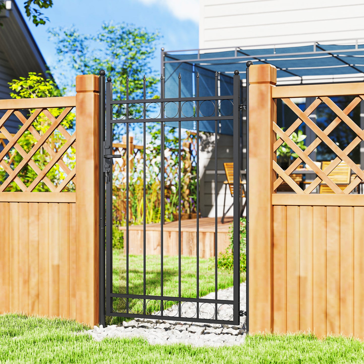 Outsunny Galvanised Steel Garden Gate, Outdoor Fence Gate Security Barrier with Lock, Keys and Handle, Outdoor Entrance Way Door with Classic Finials, 105 x 204 cm, Black--ChewyGames-ChewyGames