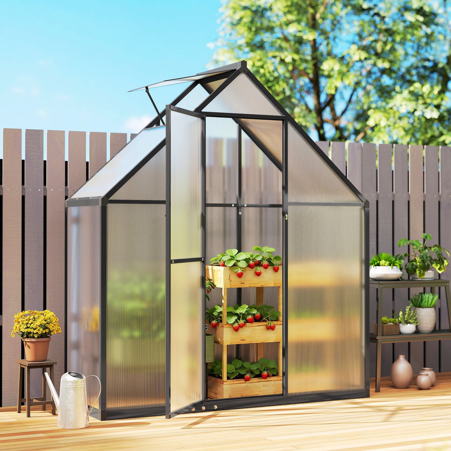 Outsunny Polycarbonate Greenhouse with Swing Door and Adjustable Window, Walk-in Greenhouse, 5.5 x 2ft, Black