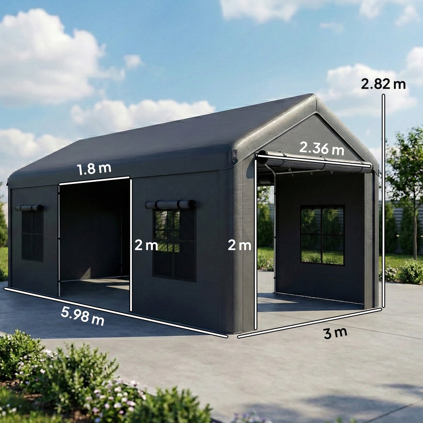 Outsunny 3 x 6 m Heavy Duty Carport, Portable Garage Car Canopy Tent with Galvanised Frame, Doors, Windows, Dark Grey
