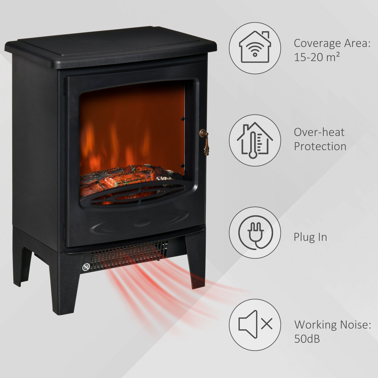 HOMCOM Electric Fireplace Stove, Free standing Fireplace Heater with Realistic LED Flame Effect and Adjustable Brightness, Overheat Safety Protection, 900W/1800W, Black