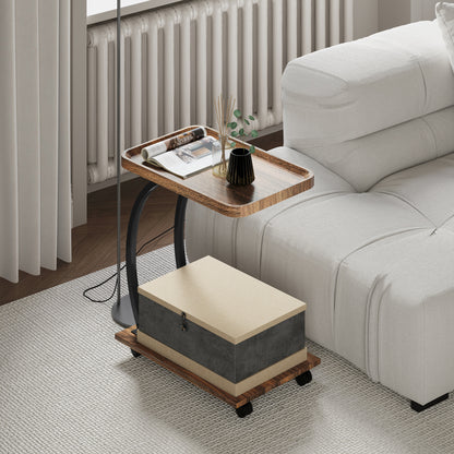 HOMCOM 2-Tier Mobile C-Shaped Side Table - Brown