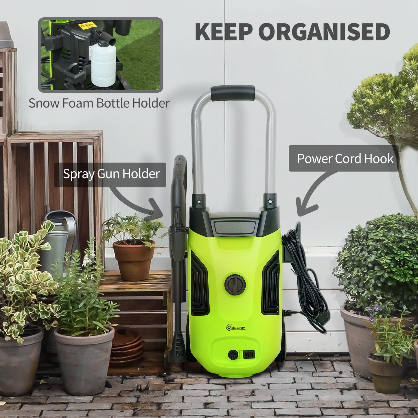 Outsunny 1800W 150-Bar Pressure Washer, with Adjustable Nozzle - Green