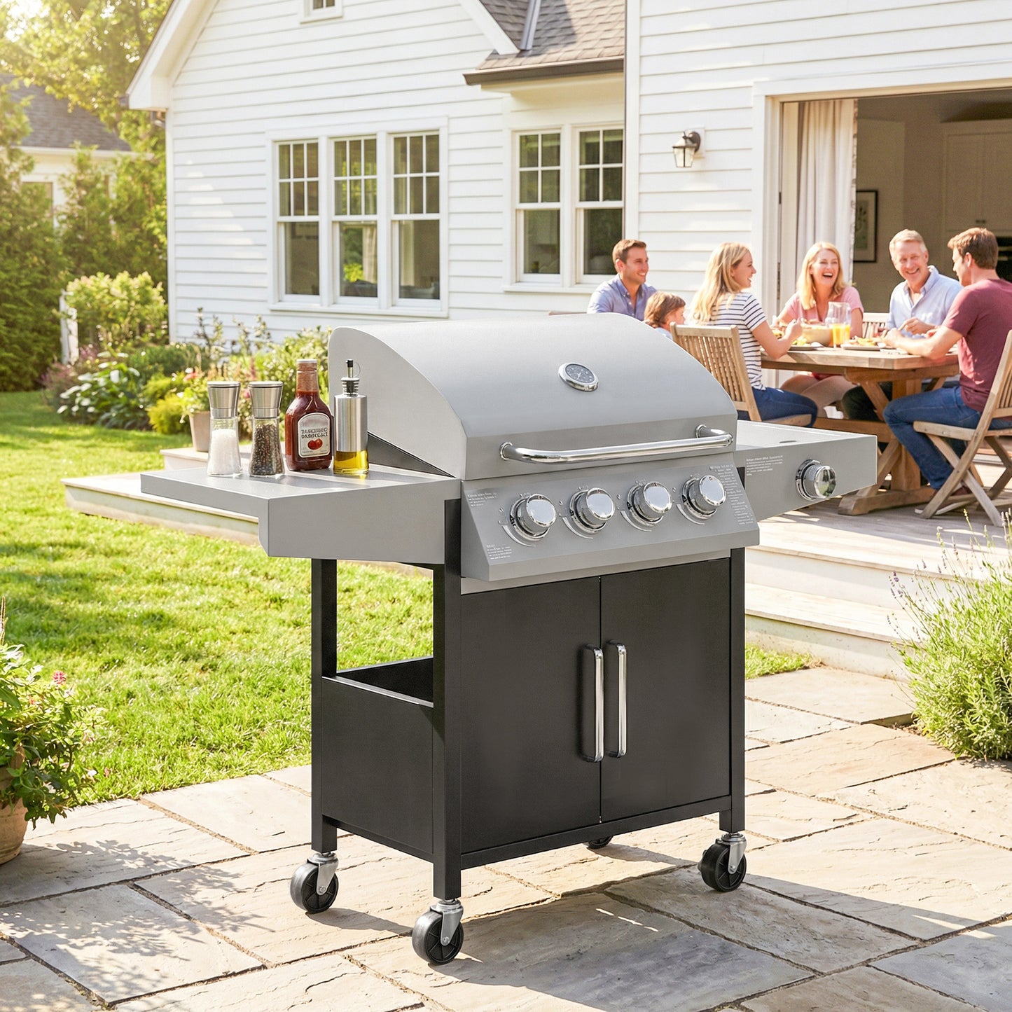 Outsunny 4+1 Burner Gas BBQ Grill with Side Burner, 14.5 kW Steel Portable Gas Barbecue Grill with Built-in Thermometer, Lid