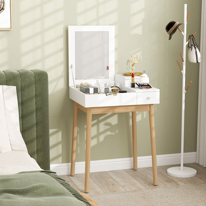 HOMCOM Dressing Table with Flip-up Mirror, Makeup Desk with 2 Drawers and Pine Wood Legs, Vanity Table Writing Desk for Bedroom Living Room, White