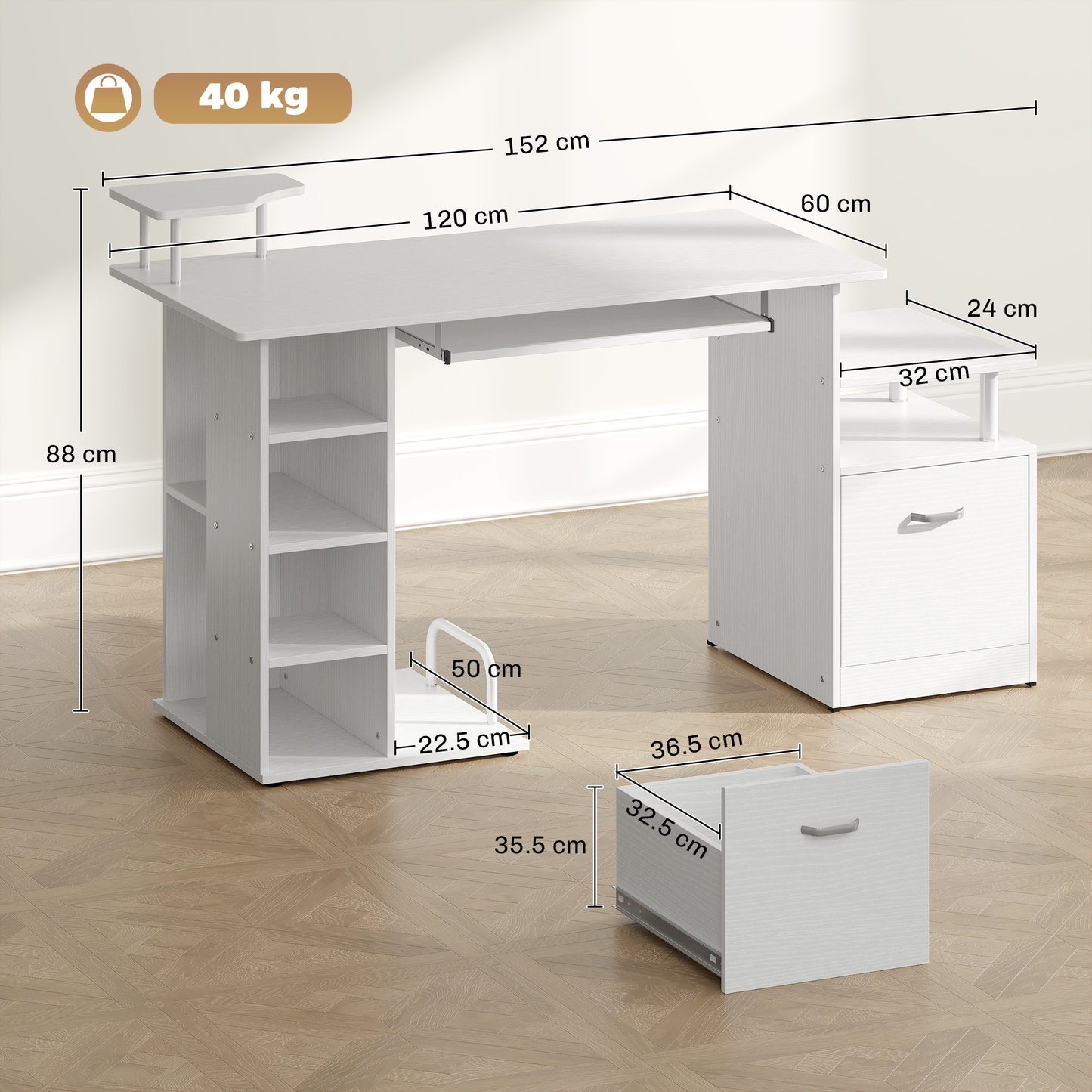 HOMCOM Computer Desk with Drawer Shelves CPU Storage Rack White