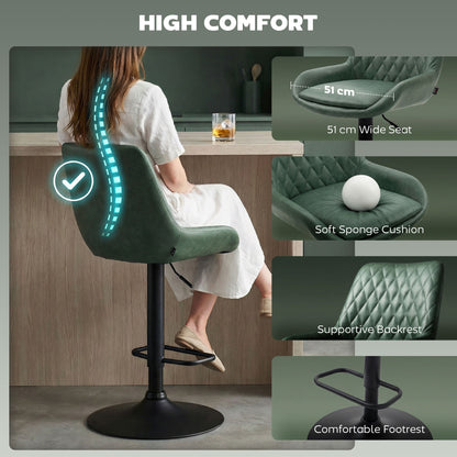 HOMCOM Retro Bar Stools Set of 2, Adjustable Kitchen Stool, Upholstered Bar Chairs with Back, Swivel Seat, Green