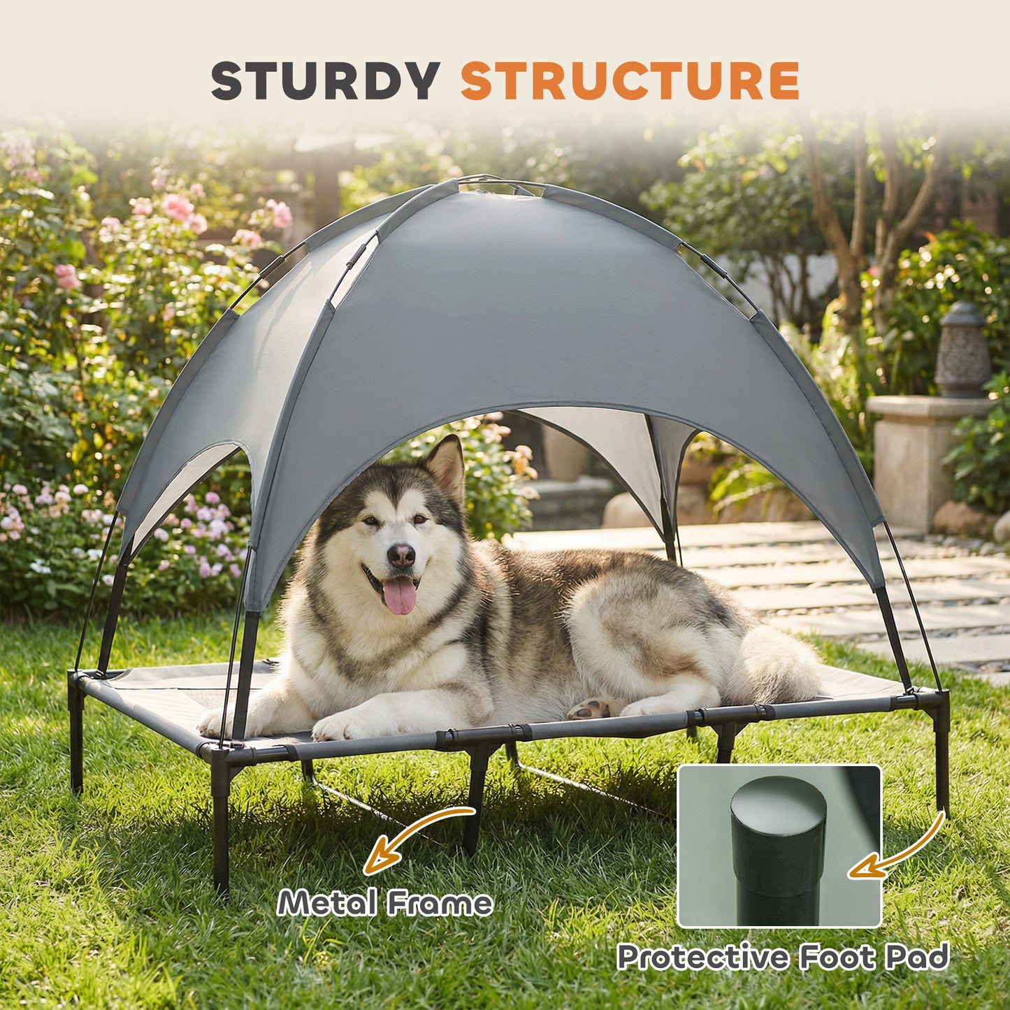 PawHut Outdoor Dog Bed with Removable Canopy, Portable Raised Dog Bed for Camping, Garden & Beach, Water-Resistant UV-Protection Mesh Pet Cot Sun Lounger, for XL Pets, 122 x 92 x 108 cm, Grey-Pet Cots-ChewyGames-ChewyGames