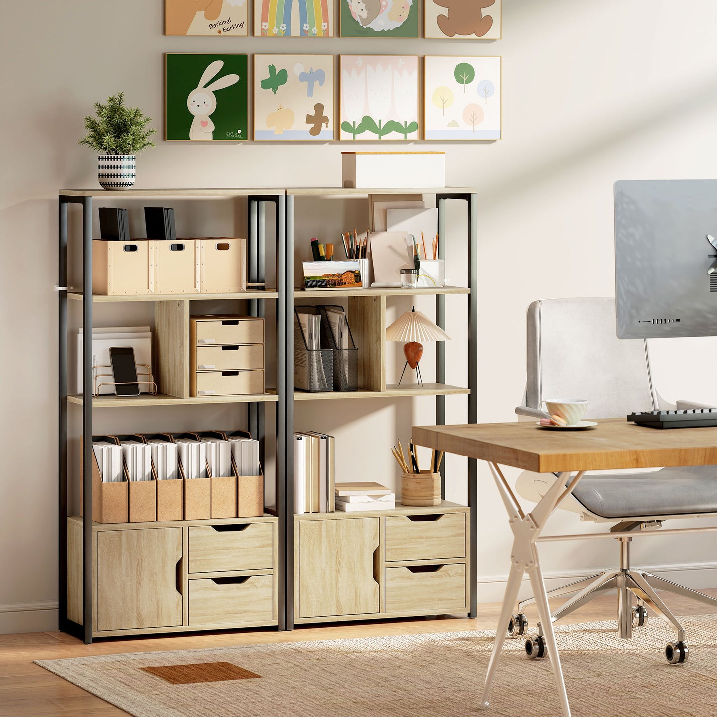 HOMCOM 4-Tier Bookcase, Bookshelf with 1 Cabinet and 2 Drawers for Living Room, Bedroom, Study, Natural Wood