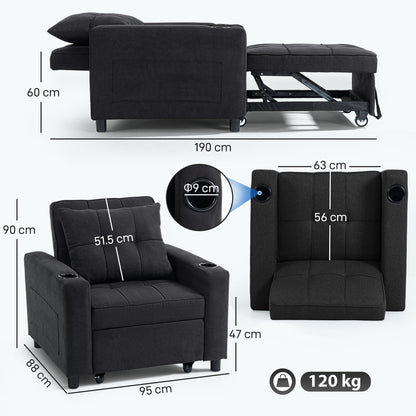HOMCOM 3-in-1 Single Sofa Bed, Convertible Sleeper Chair Bed - Black