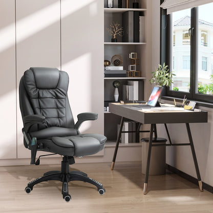 HOMCOM 6-Point Massage Office Chair with Seat Heated for Home Office, PU Leather High Back Executive Desk Chair with Adjustable Height and 360° Swivel for Work Study, Black