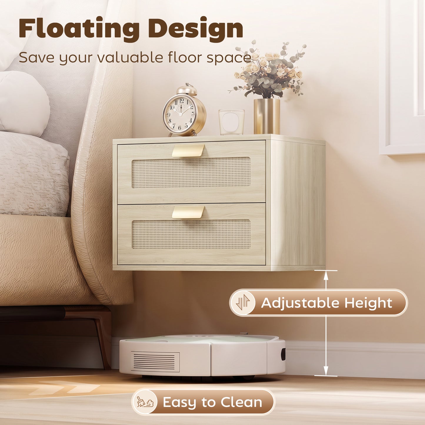 HOMCOM Modern Floating Nightstands Set of 2, Wall Mounted Bedside Tables with 2 Drawers, Oak