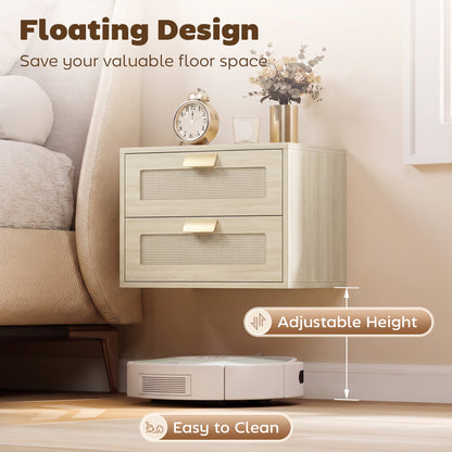 HOMCOM Modern Floating Nightstands Set of 2, Wall Mounted Bedside Tables with 2 Drawers, Oak