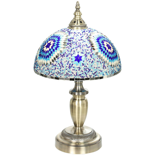 HOMCOM Tiffany Lamp, Stained Glass Bedside Table Lamp with Button Switch and Metal Base, 12 x 12 x 20 Inches, Blue